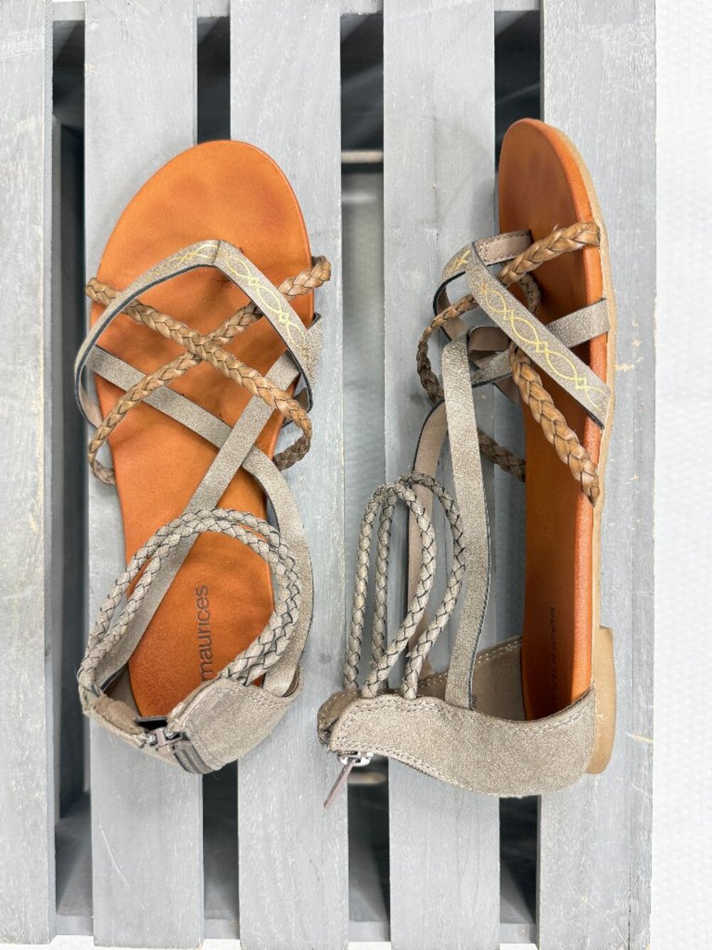 Maurices Gladiator Sandals Women's Size 7.5 Bailey Gray Braided Gold Ankle Strap